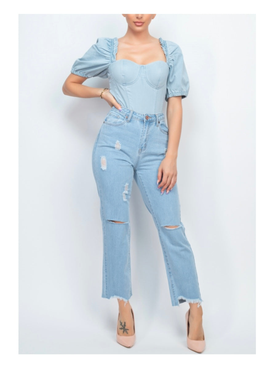 Puff Sleeve Denim Bodysuit