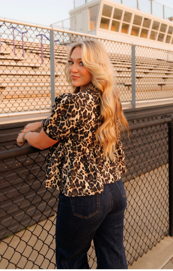 Leopard Puff Sleeve Peplum Top