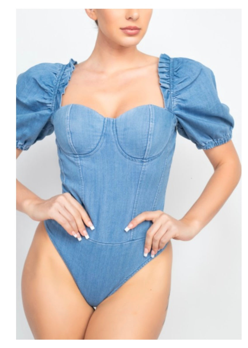 Puff Sleeve Denim Bodysuit