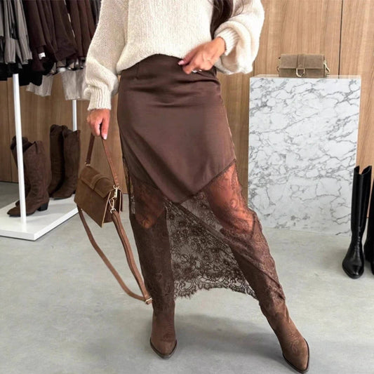 Women’s Satin Lace High Waist Midi Skirt
