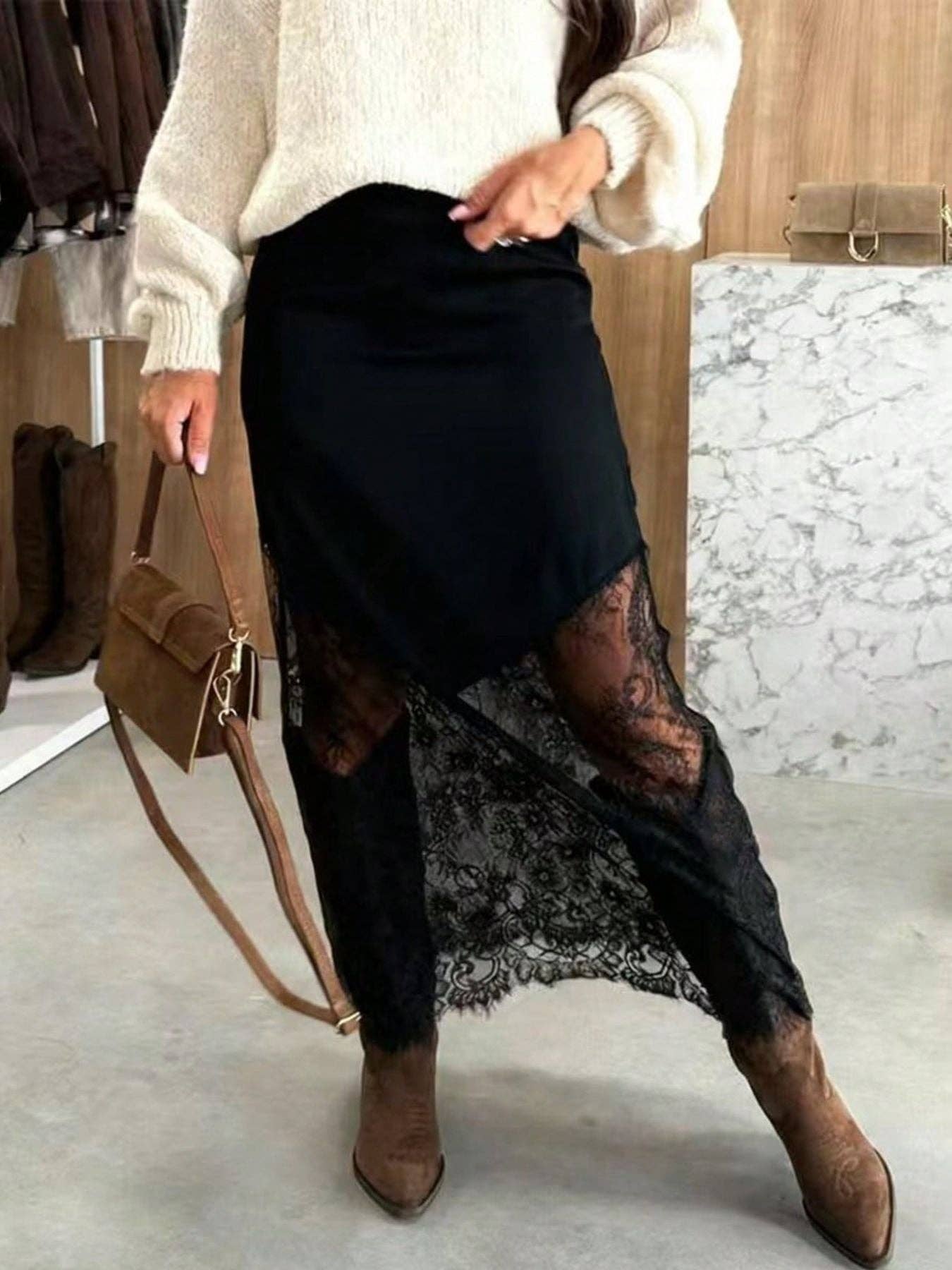 Women’s Satin Lace High Waist Midi Skirt