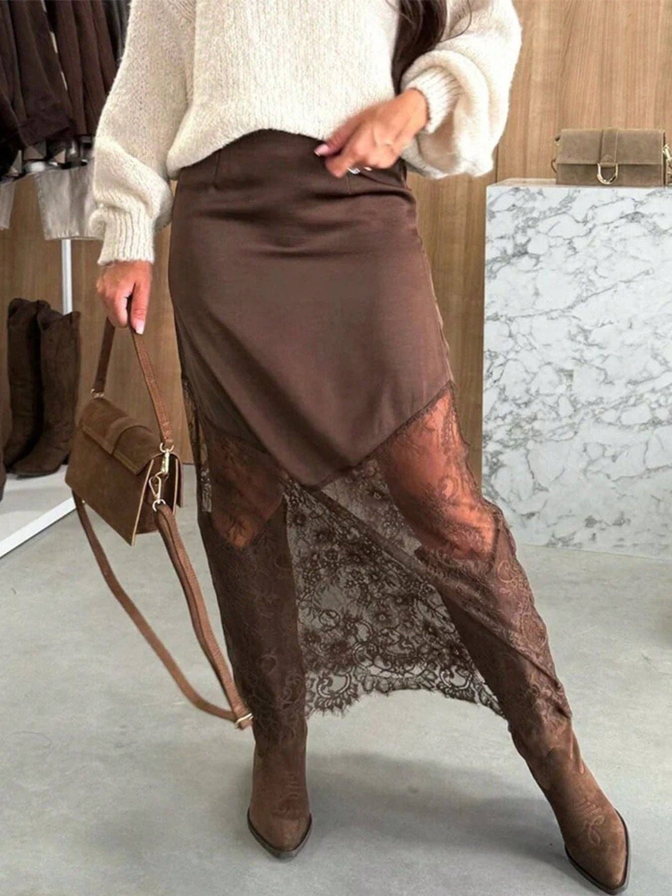 Women’s Satin Lace High Waist Midi Skirt
