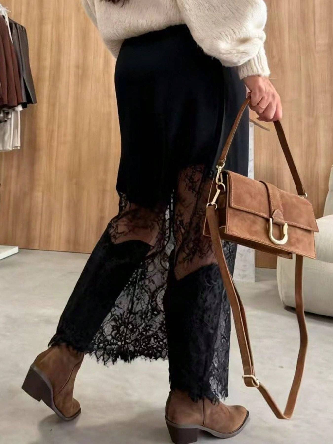 Women’s Satin Lace High Waist Midi Skirt