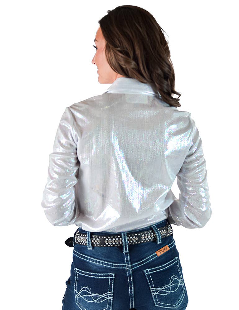 Holographic White Pullover Button-up With Medium Stretch