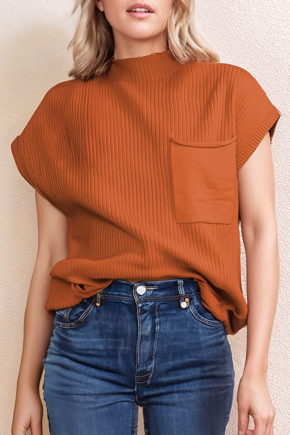 Pink Patch Pocket Knit Valentine's Day Mock Neck Sweater