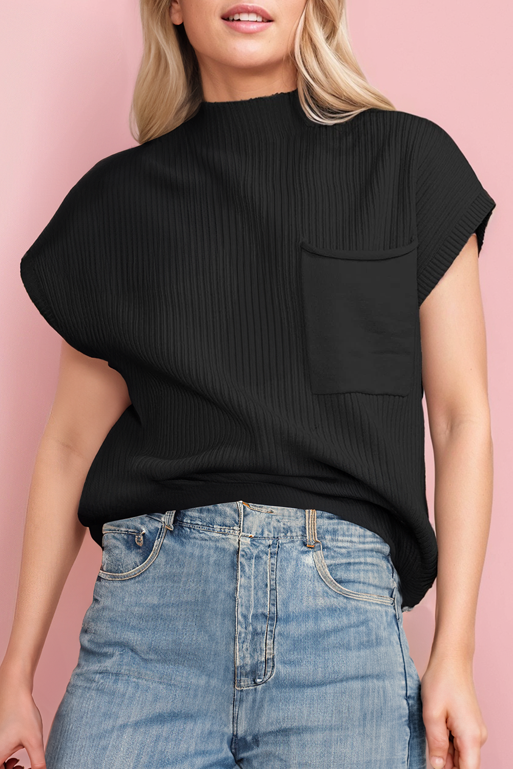 Pink Patch Pocket Knit Valentine's Day Mock Neck Sweater