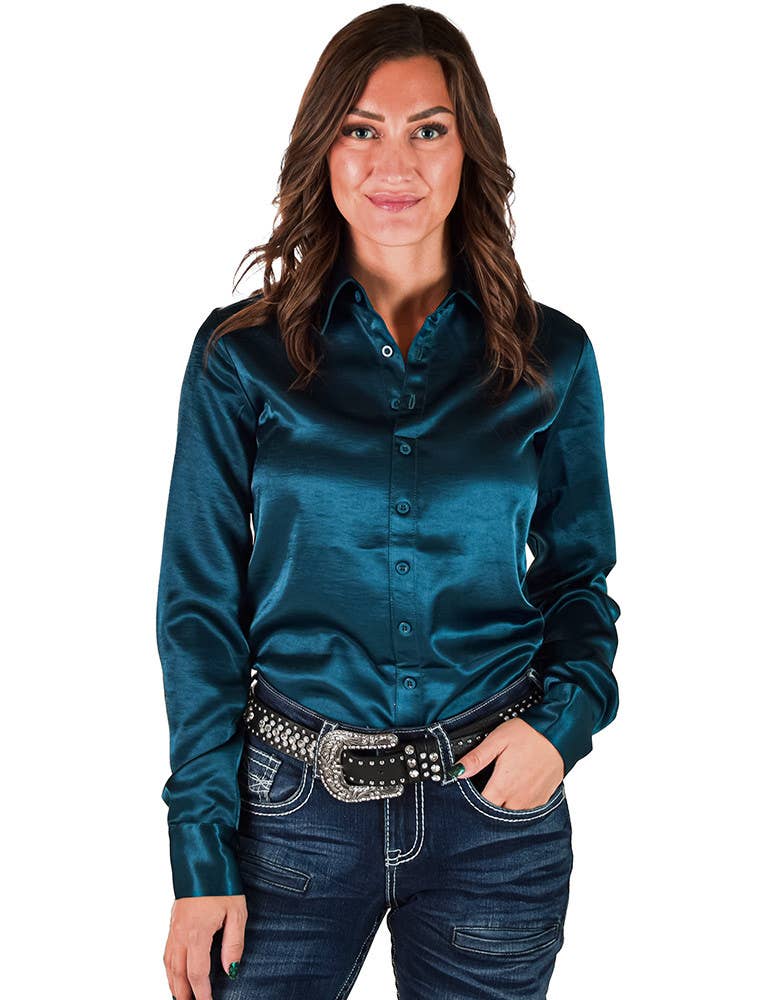 Dark Teal Satin Pullover Button Up in Low Stretch Medium