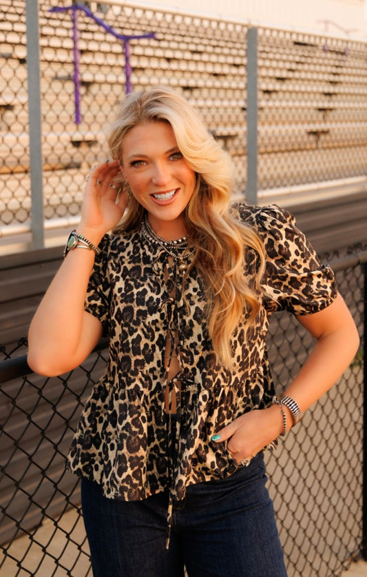 Leopard Puff Sleeve Peplum Top