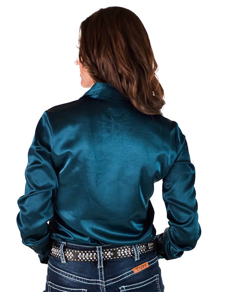 Dark Teal Satin Pullover Button Up in Low Stretch Medium